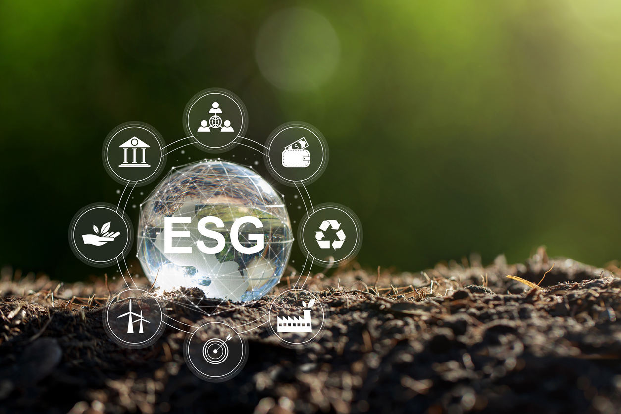 Esg Concept Of Environmental, Social, And Governance. Crystal Globe With An Esg Icon Around It.the Idea For Sustainable Organizational Development. "u200baccount The Environment, Society,