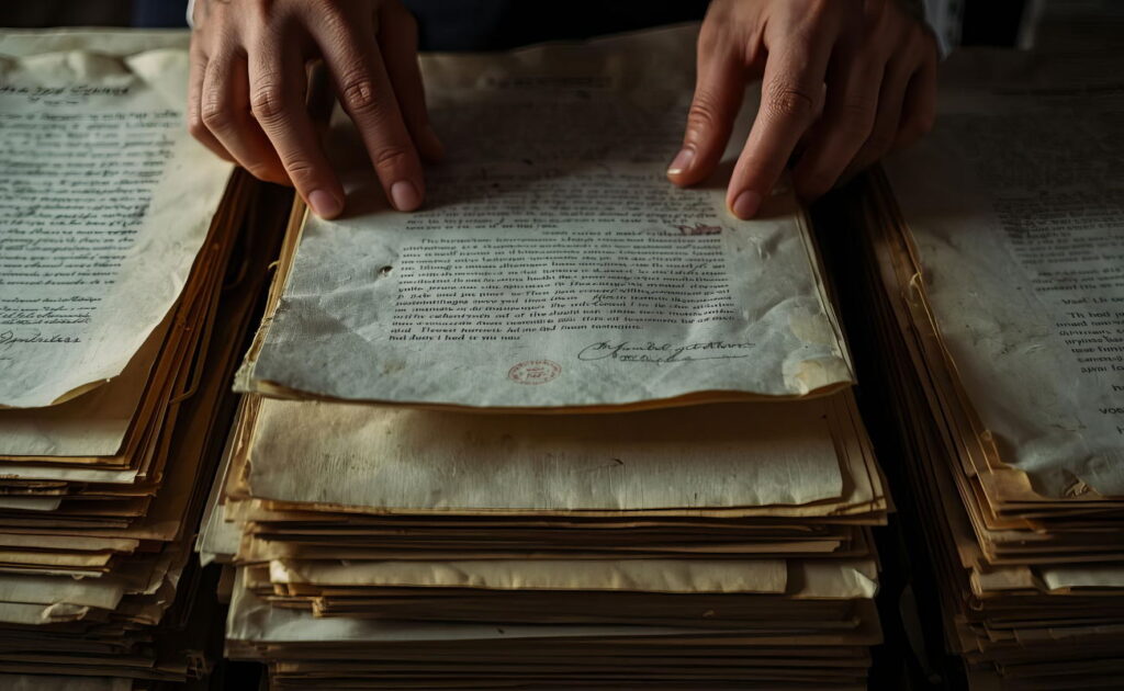 Mãos a folhear um maço de documentos manuscritos antigos, com selo a vermelho, sobre uma mesa de arquivo