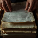 Mãos a folhear um maço de documentos manuscritos antigos, com selo a vermelho, sobre uma mesa de arquivo